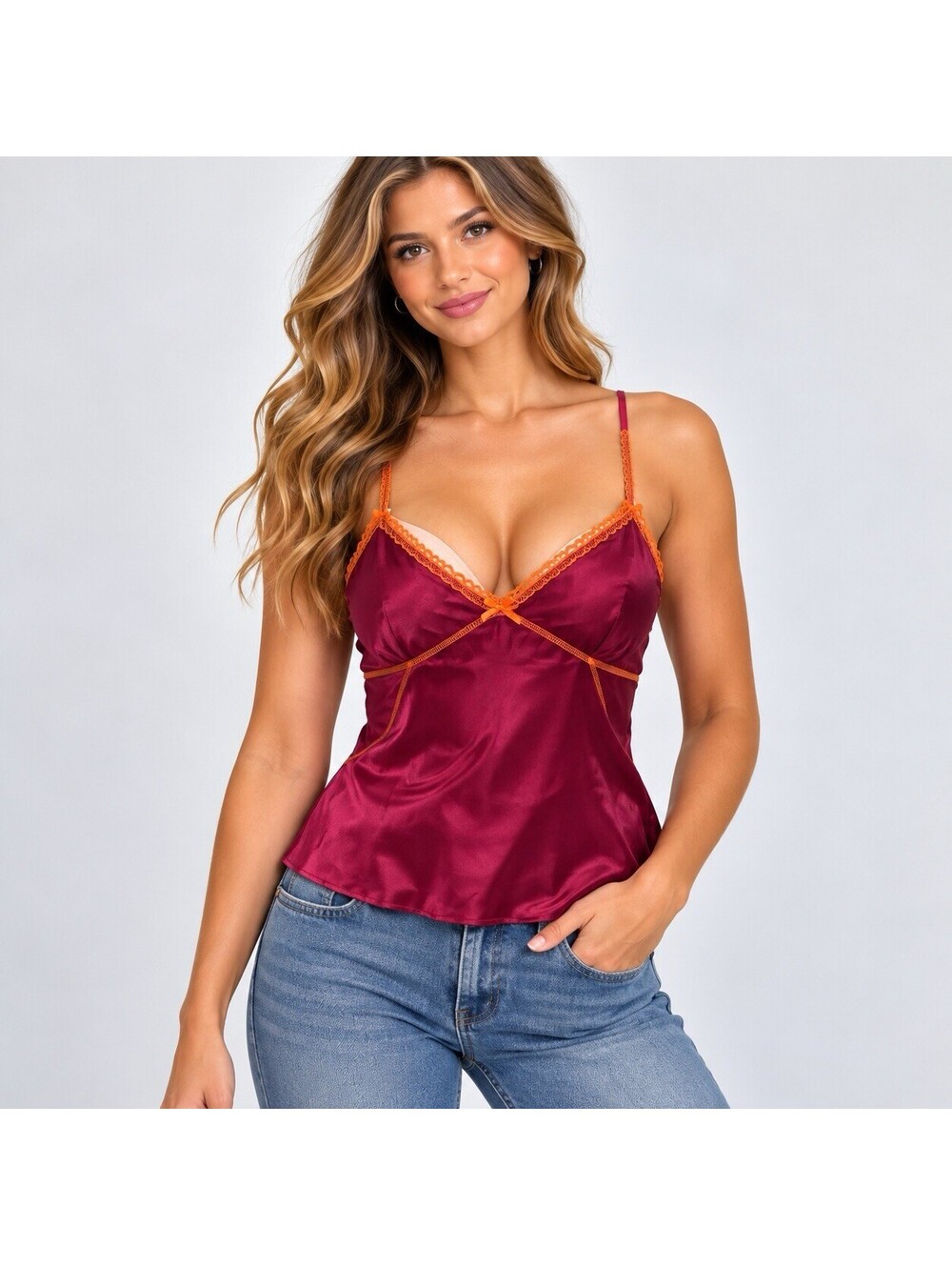 No Boundaries Babydoll Cami L Violet Magenta Orange Lace Trim Y2K Coquette